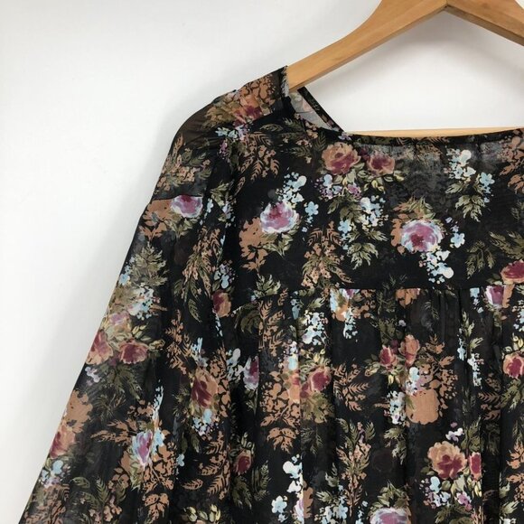Pleione  Black Floral Peasant Tunic sheer balloon sleeve blouse LG - Picture 13 of 16